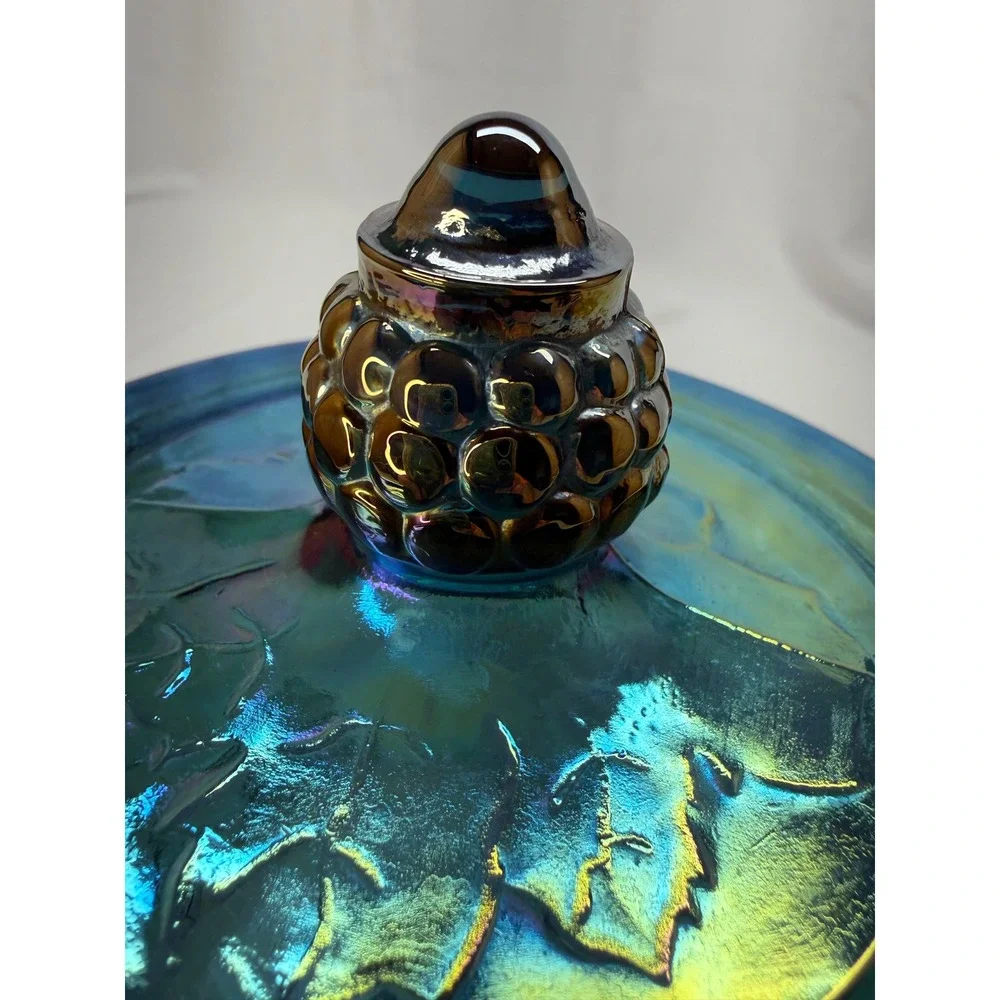 Vtg Carnival Glass Grape Leaf Compote Iridescent Teal Blue Candy Dish Lid 9.75